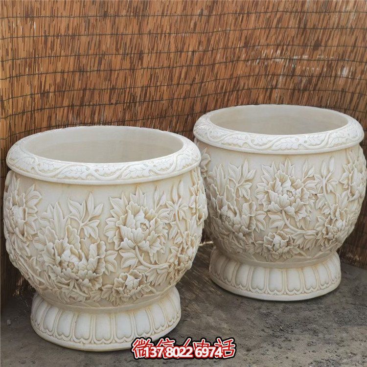 漢白玉浮雕荷花養(yǎng)魚缸，精美庭院裝飾戶外中式花盆
