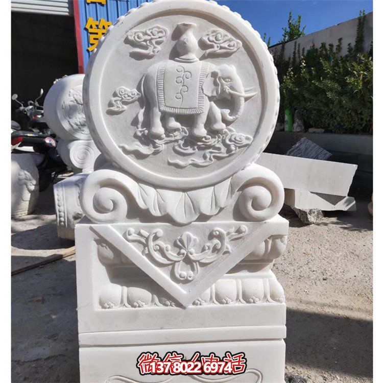 天然石材浮雕太平吉祥抱鼓石，點(diǎn)綴別墅門口