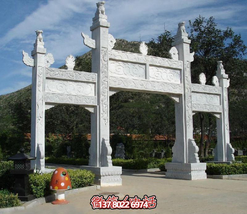 精致園林景觀，漢白玉華表浮雕祥云門樓石牌坊
