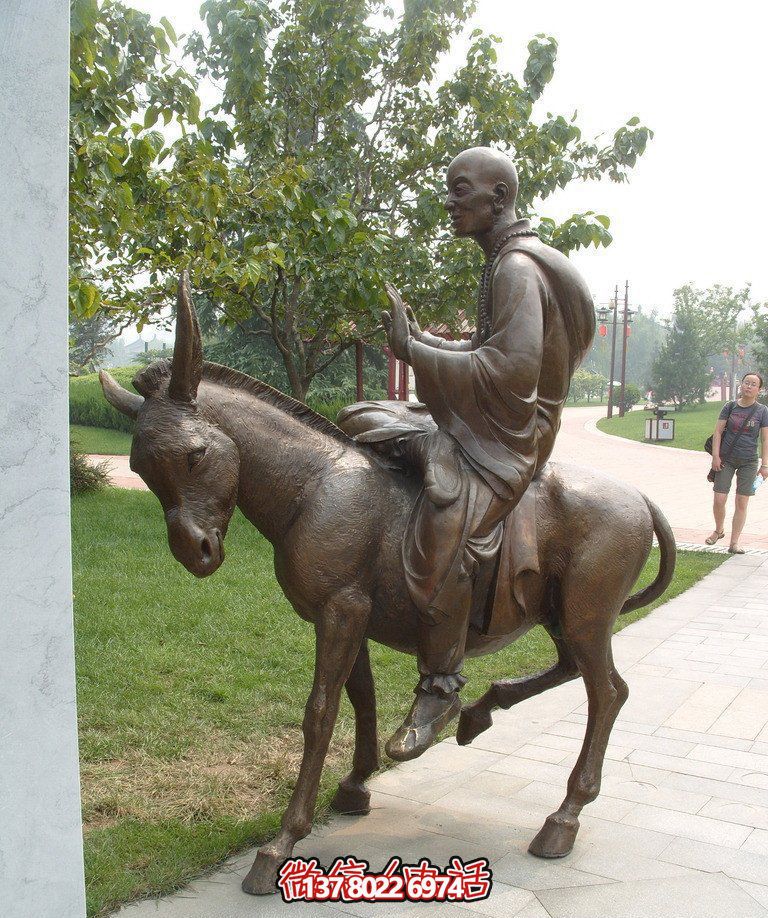 銅雕塑和尚著毛驢騎，精美雕塑，祥和園林