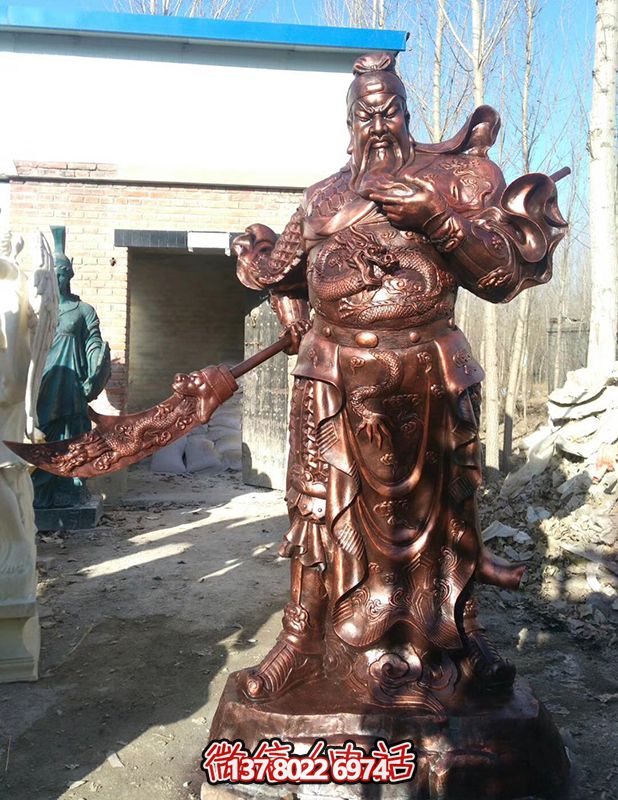 玻璃鋼仿銅景觀關公雕塑，大型戶外景區(qū)裝飾