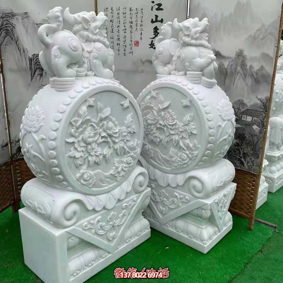 天然優(yōu)質(zhì)漢白玉浮雕麒麟抱鼓石，裝點(diǎn)你的庭院門口