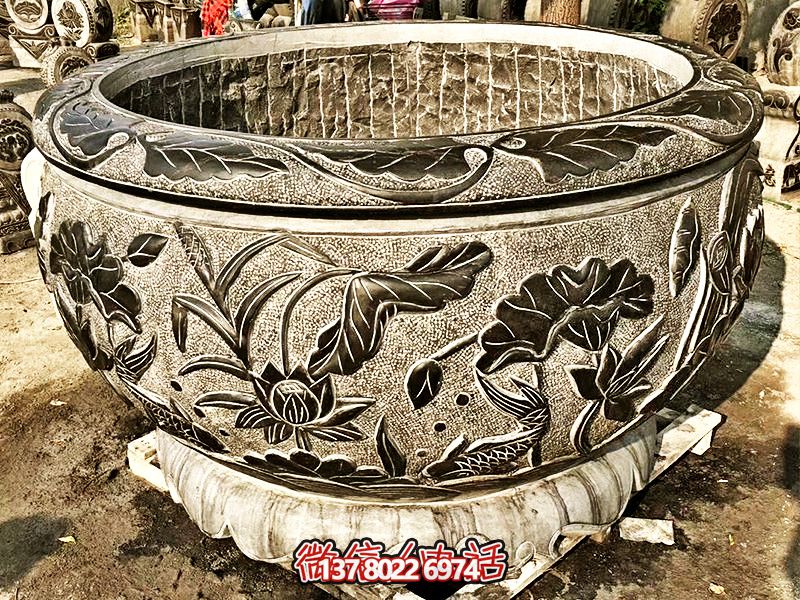 精美大理石浮雕蓮花缸，現(xiàn)代庭院裝飾雕塑