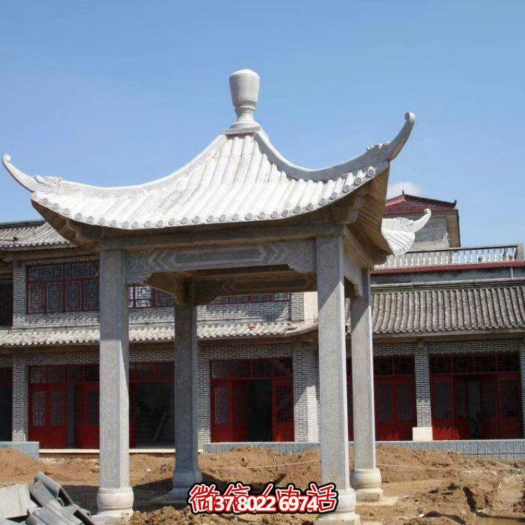 古雅紅晚霞，別墅園林石涼亭石雕長廊