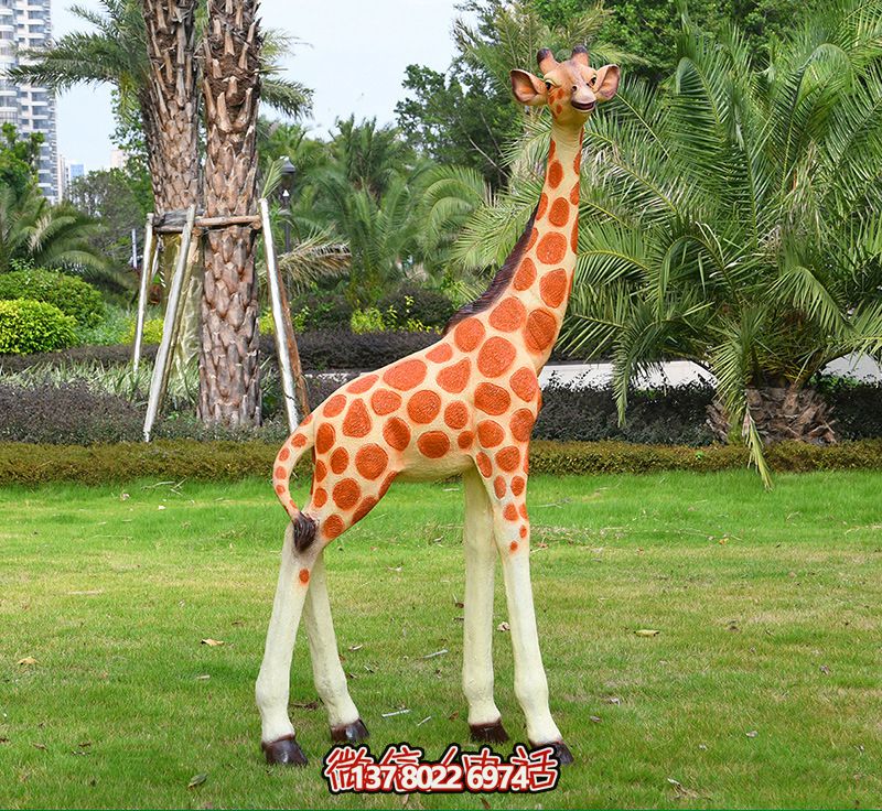 藝術(shù)化玻璃鋼仿真大型長頸鹿雕塑，點(diǎn)綴綠色草坪，讓公園更加美觀