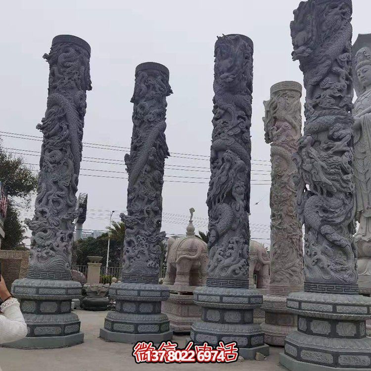 青石浮雕龍柱，精美石雕園林景觀裝飾