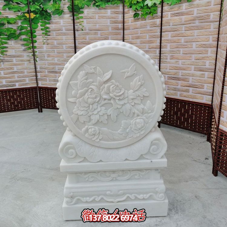 中式風格天然漢白玉石雕抱鼓浮雕門墩，花開富貴
