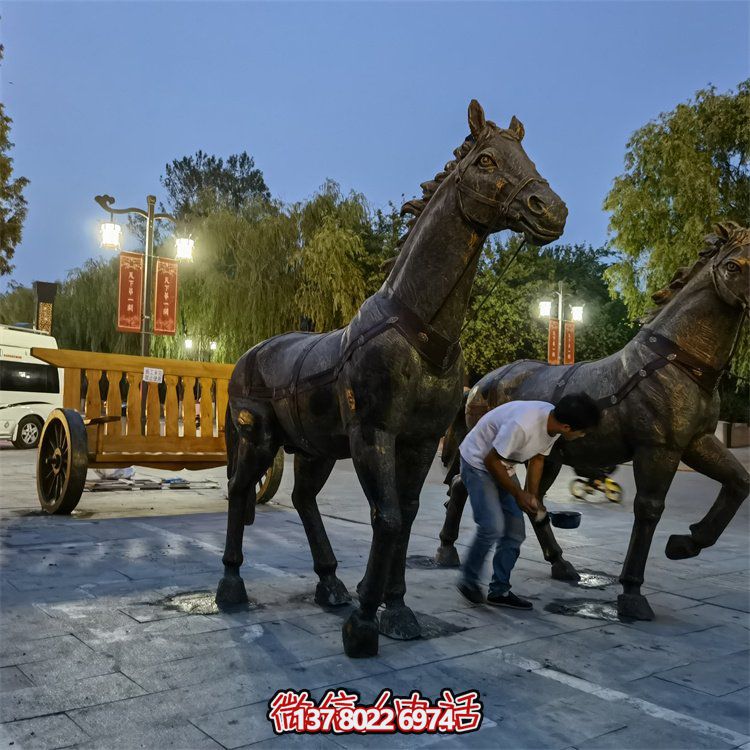 仿古銅中式馬拉車玻璃鋼景觀雕塑，非凡戶外擺放裝飾