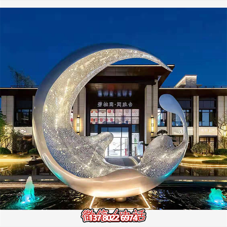 不銹鋼月亮水滴雕塑，透光水景裝飾雕塑