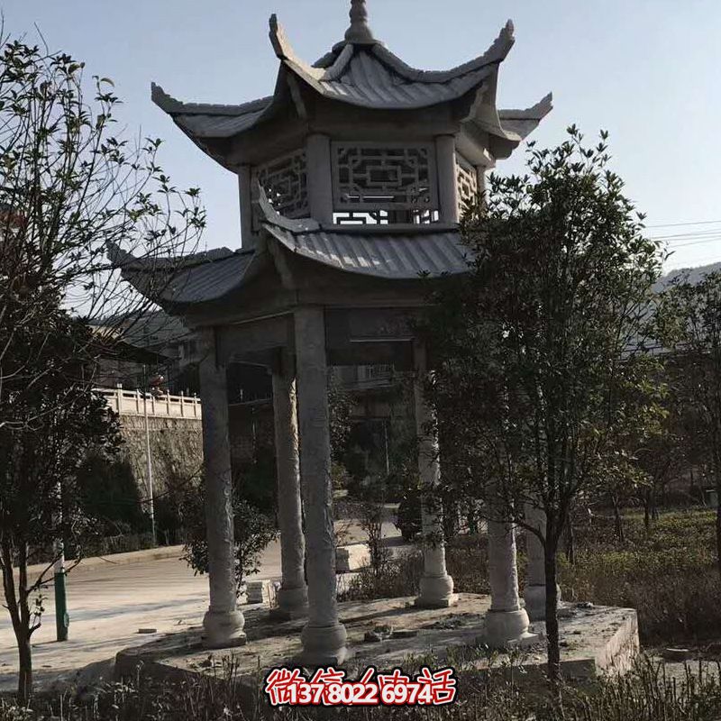 仿古戶外景區(qū)鏤空青石雕刻休閑涼亭