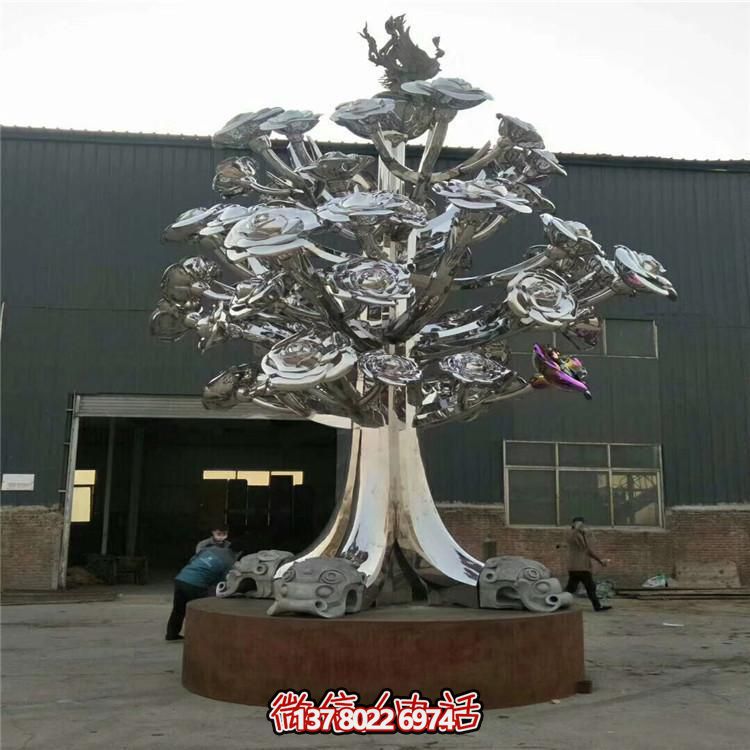 園林廣場(chǎng)酒店門口大型不銹鋼鏡面花朵樹(shù)擺件
