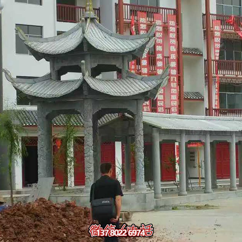 景區(qū)庭院擺放青石雕刻長廊雙層休閑涼亭